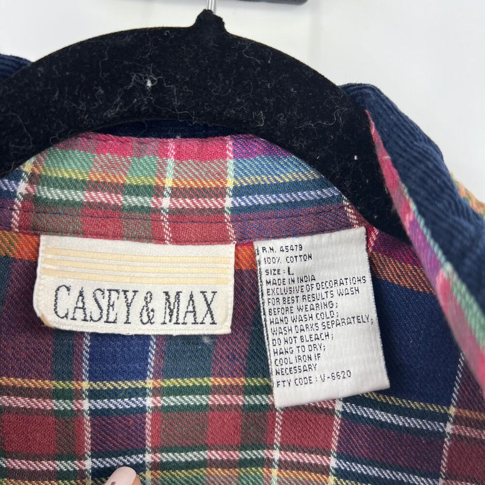 VTG Casey & Max Plaid Flannel Blouse Velvet Collar Embroidered Fall Womens Large - Picture 3 of 10